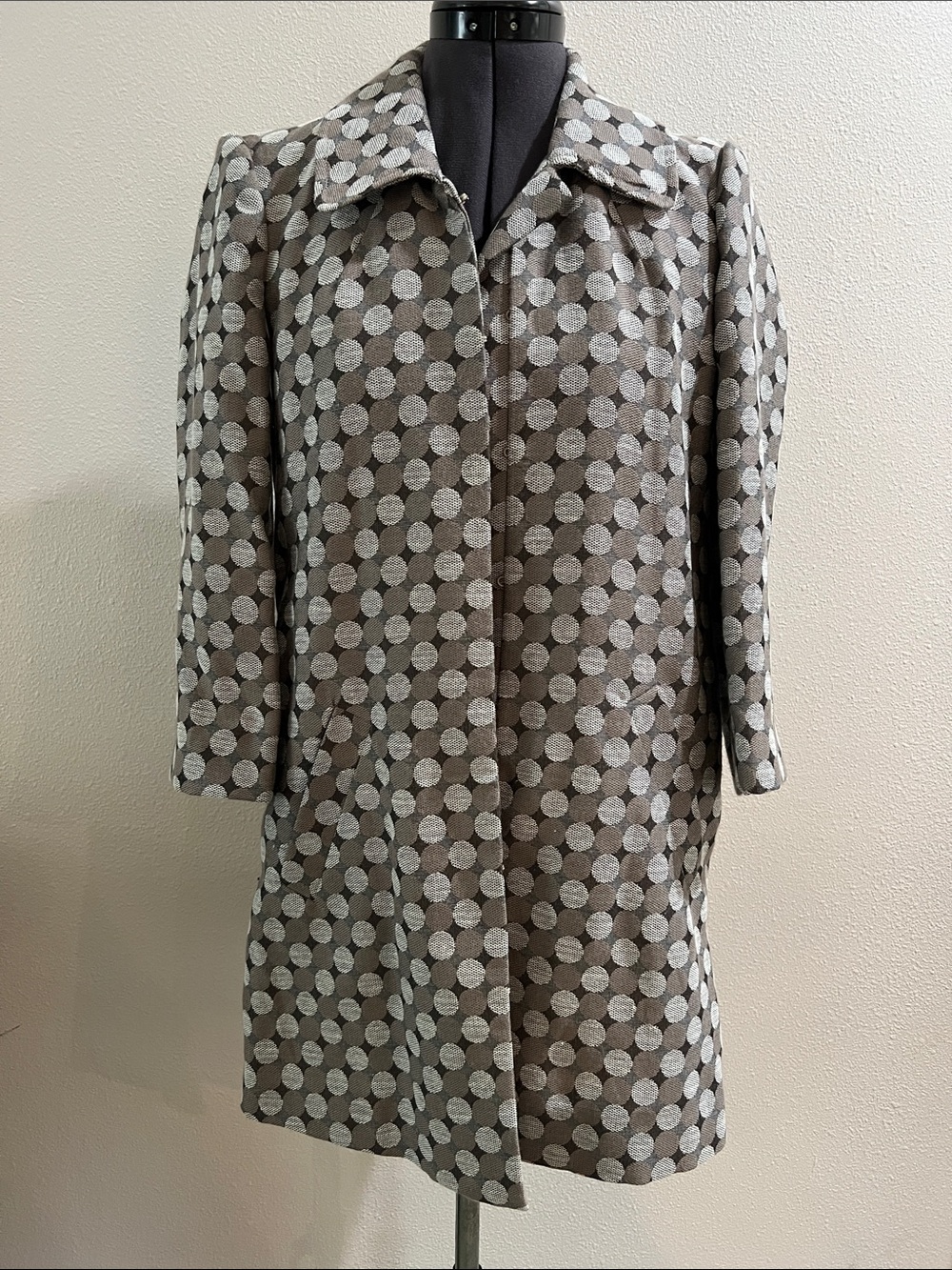 BCBG Gray and Cream Polka Dot Coat